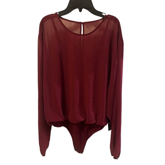 Express NWT Chiffon Red Bodysuit Sheer Long Sleeves Open back ethereal top - Picture 1 of 5